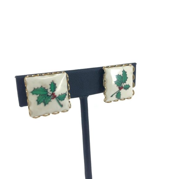 Vintage Ceramic Holly Christmas Earrings - Picture 3 of 8